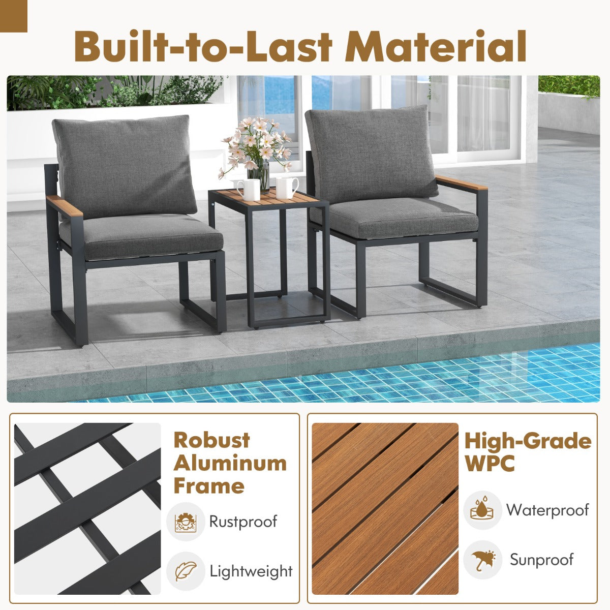 Livsk costway balkonmeubel weerbestendige tuinmeubelset met aluminium frame en zachte kussens balkonset met 2 stoelen en tafel terrasmeubels 3