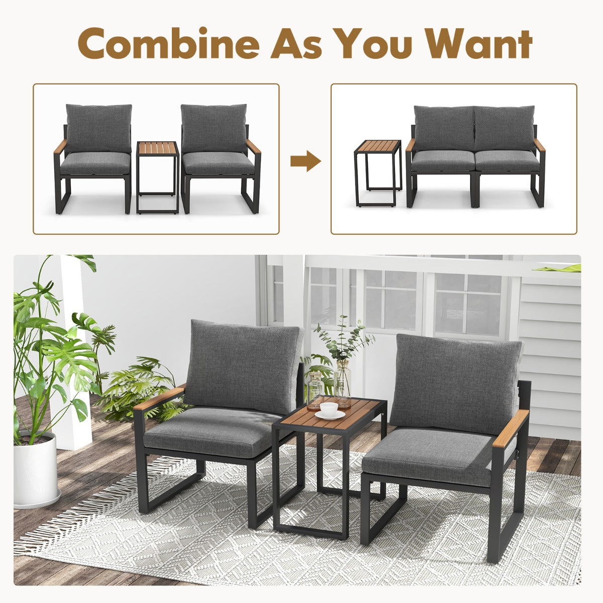 Livsk costway balkonmeubel weerbestendige tuinmeubelset met aluminium frame en zachte kussens balkonset met 2 stoelen en tafel terrasmeubels 4