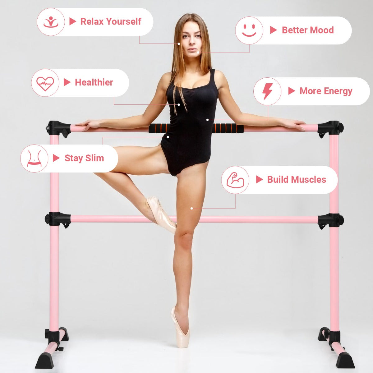 LIVSK Vrijstaande Ballet Barre - Verstelbare Hoogte tot 119 cm - Duurzaam Roestbestendig - Antislip Voetjes - Roze