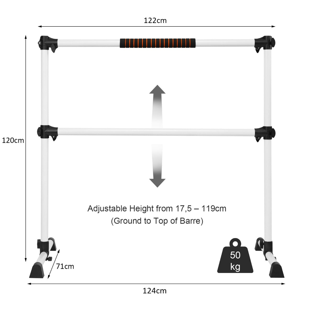 LIVSK Vrijstaande Ballet Barre - Verstelbare Hoogte tot 119 cm - Draagbaar - Antislip - Tot 50 kg - Wit