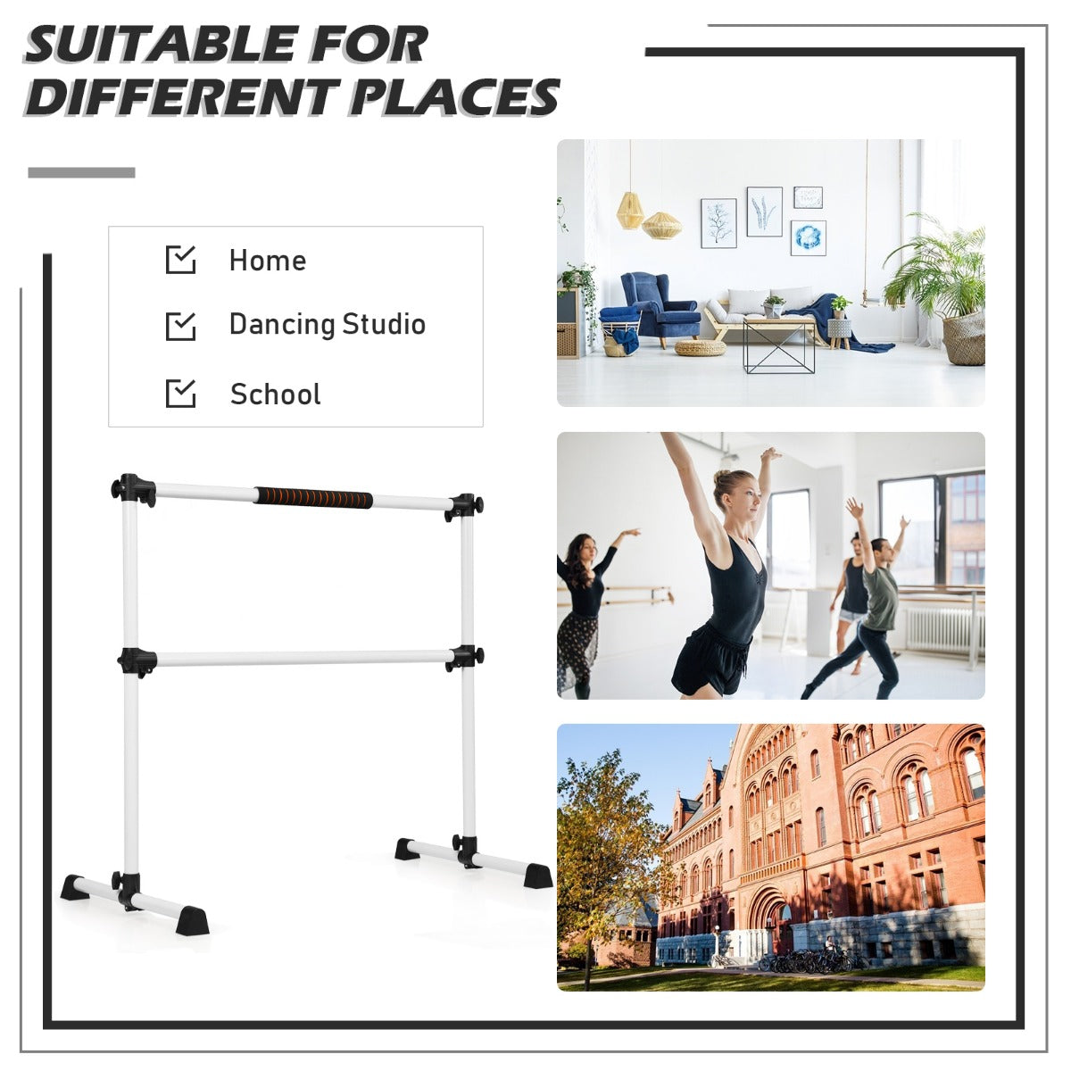 LIVSK Vrijstaande Ballet Barre - Verstelbare Hoogte tot 119 cm - Draagbaar - Antislip - Tot 50 kg - Wit