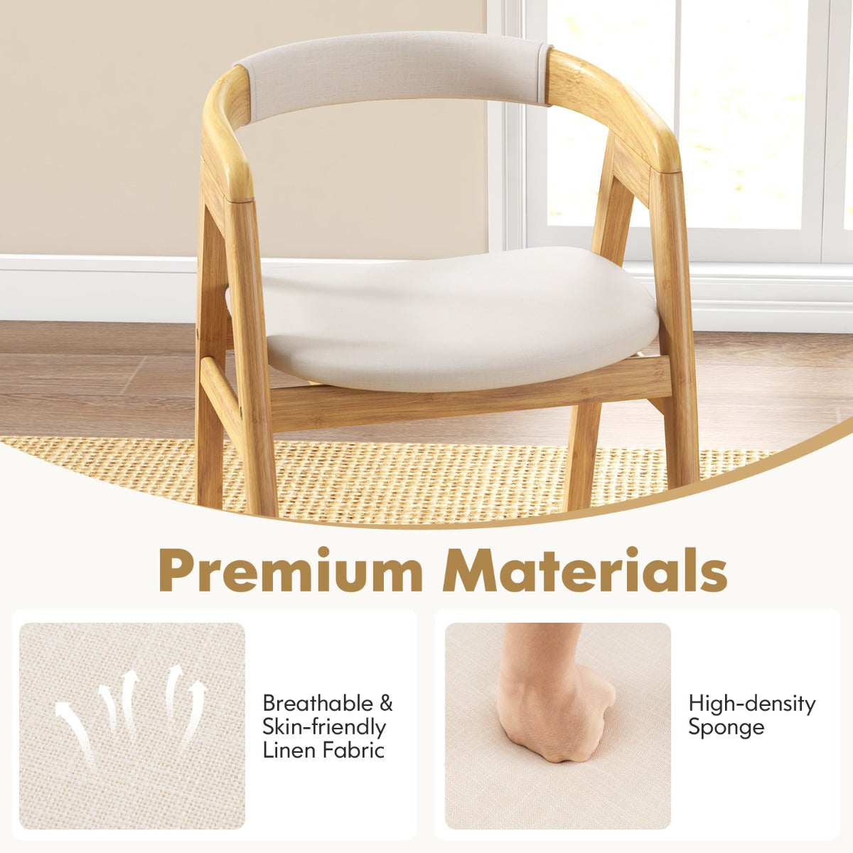 LIVSK Bamboe Loungestoel - Modern Design met Linnen Bekleding - Ergonomische Rugleuning - Antislip Voetdoppen - Tot 150 kg -