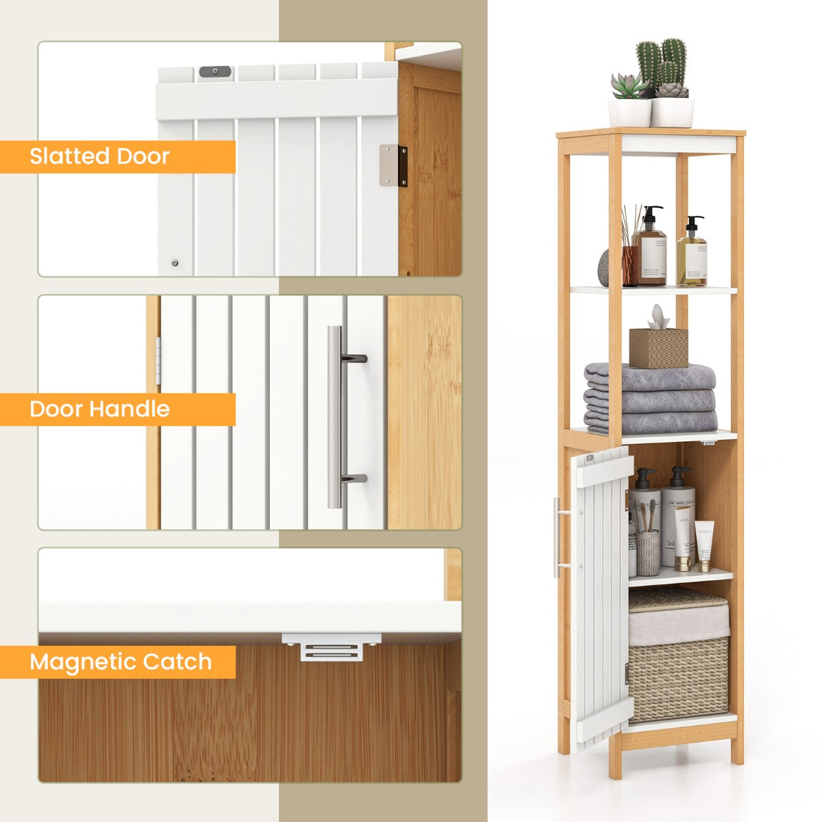 Livsk costway bamboe badkameropbergsysteem met smalle kast met deur en plank met uitschuifbare mand voor natuurlijke kleding 5