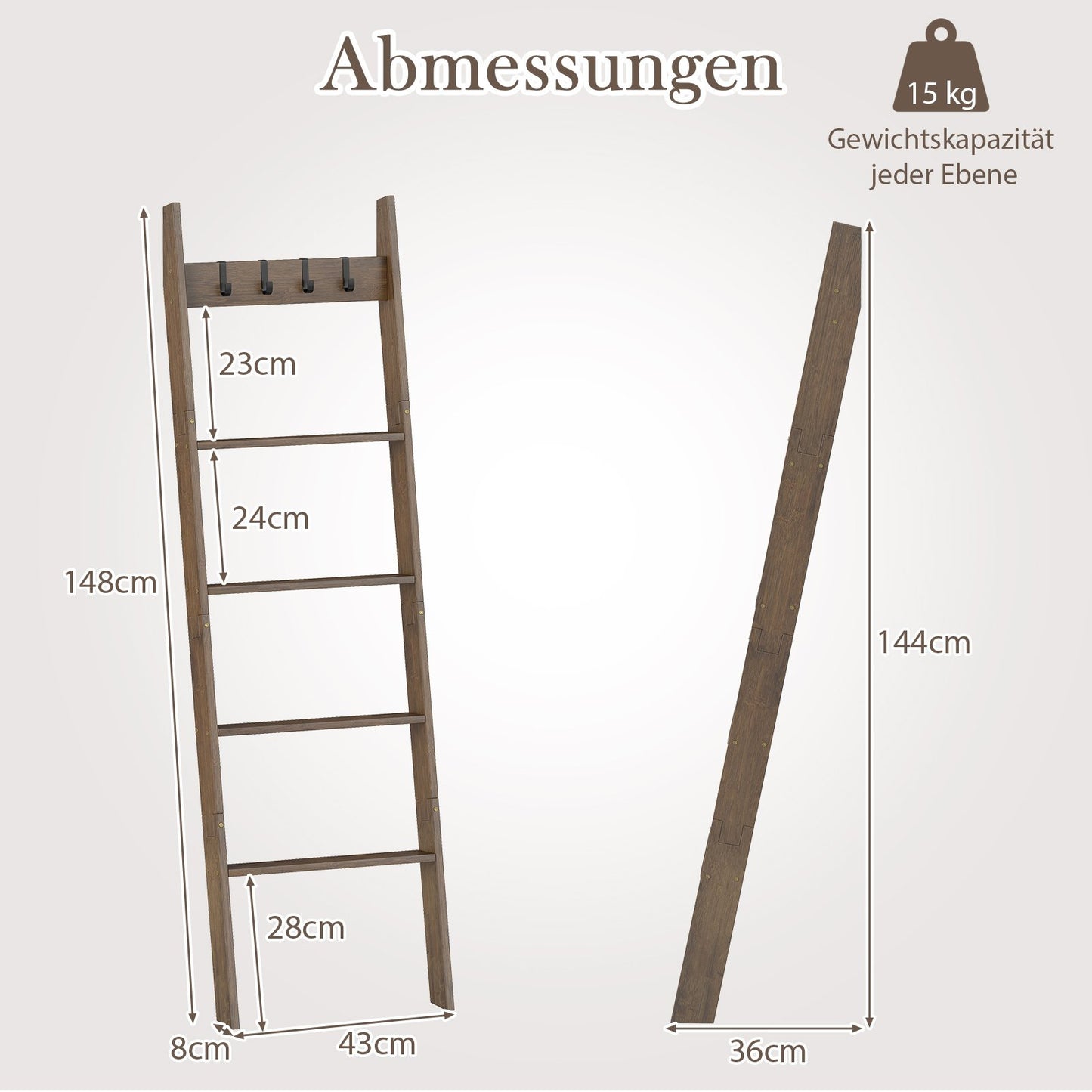 LIVSK Plafondladder - 5-laags met 4 Afneembare Haken - Antikantelriemen en Antislip - Duurzaam Bamboe - Bruin