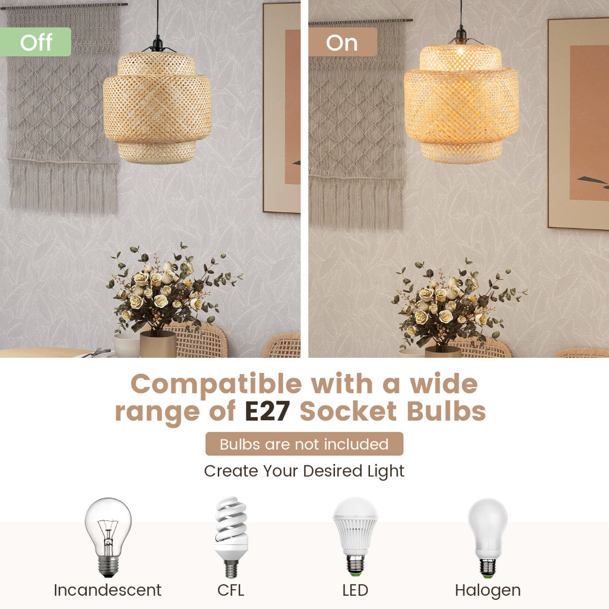 LIVSK Bamboe Hanglamp - Handgeweven Mandvorm - E27 Fitting - Verstelbaar Ophangkoord - 40 x 40 x 43 cm - Natuurlijk