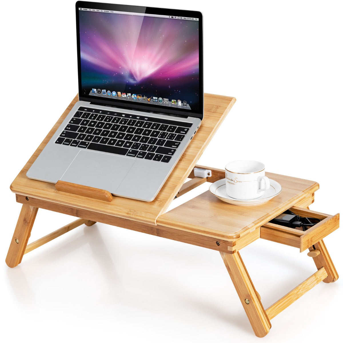 LIVSK Bamboe Laptoptafel - Verstelbaar en Kantelbaar - Opvouwbaar met Ruime Opbergruimte - Tot 15 kg - Natuur