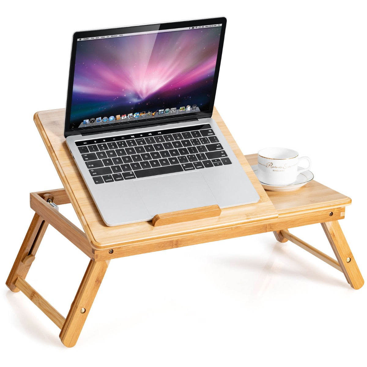 LIVSK Bamboe Laptoptafel - Verstelbaar en Kantelbaar - Opvouwbaar met Ruime Opbergruimte - Tot 15 kg - Natuur