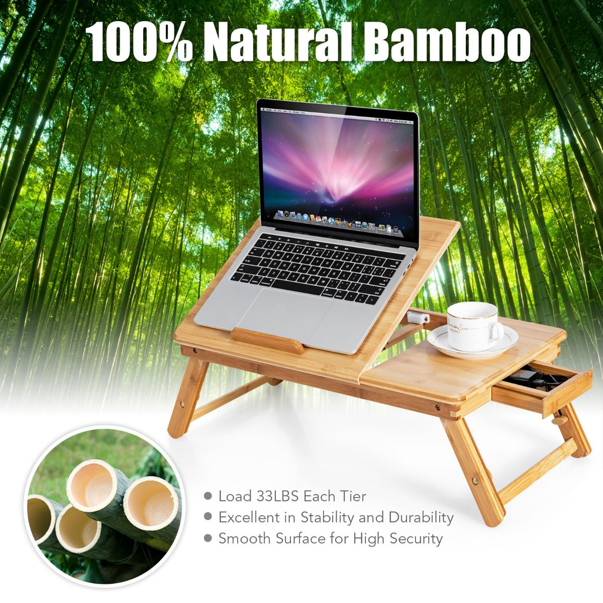 LIVSK Bamboe Laptoptafel - Verstelbaar en Kantelbaar - Opvouwbaar met Ruime Opbergruimte - Tot 15 kg - Natuur