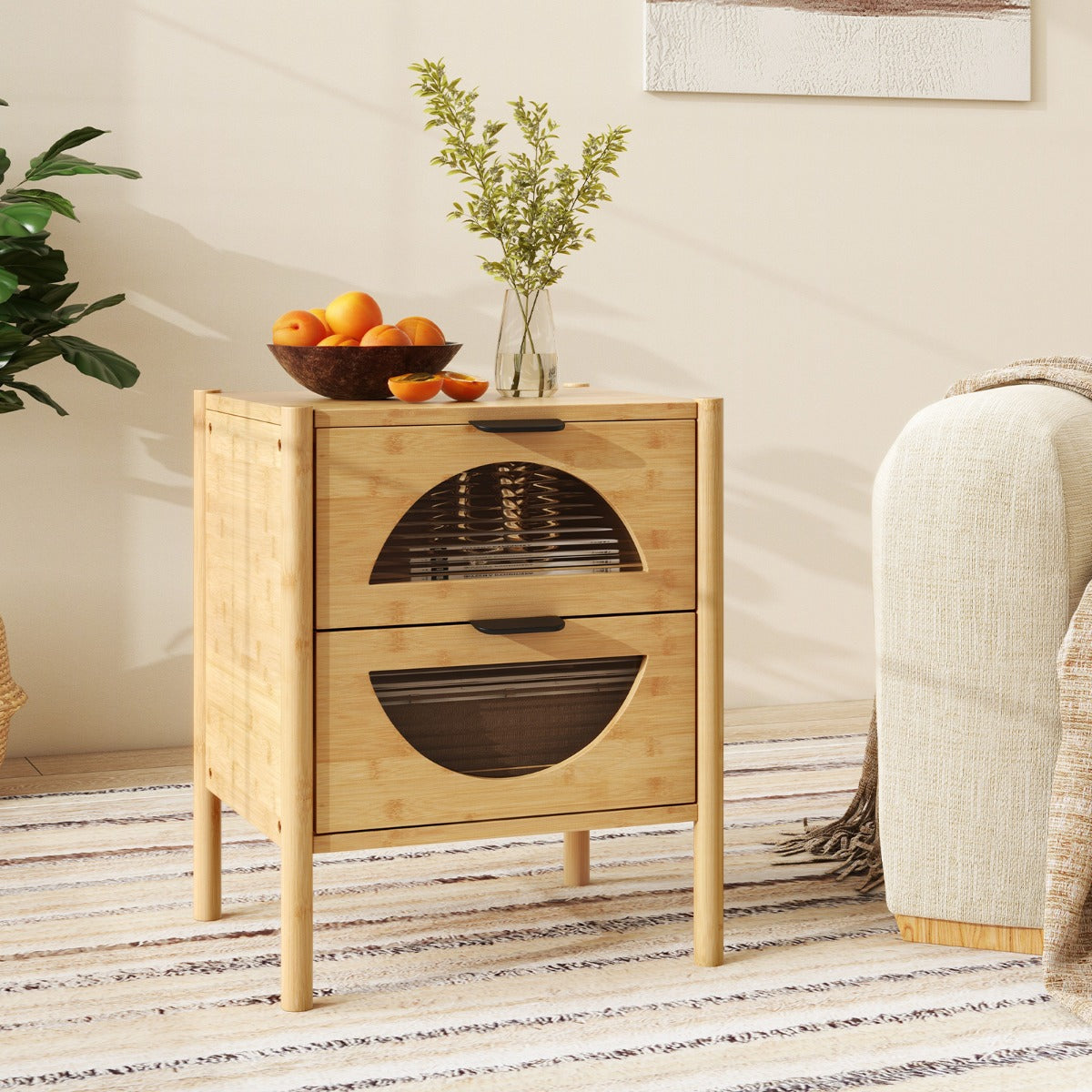 Livsk costway bamboe nachttafeltje mid century modern bijzettafeltje met 2 opberglades en gehard glas 5