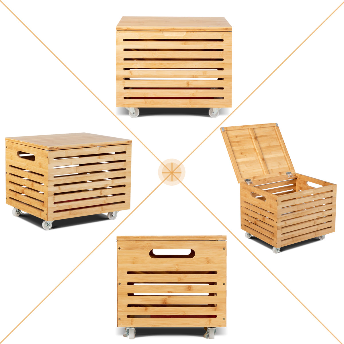 Livsk costway bamboe opbergbox opbergbox met 4 wieltjes en deksel opbergboxen voor a4 documenten speelgoed dekens en kussens