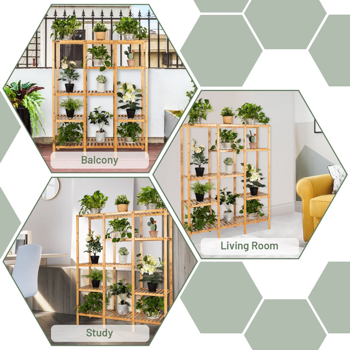 LIVSK Bamboe Plantenrek - 5-laags voor 12 Bloempotten - Duurzaam en Multifunctioneel - Eenvoudige Montage - Naturel