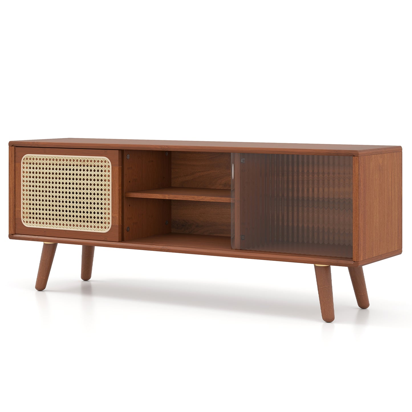 LIVSK TV-standaard voor 55 inch tv - Mid-century stijl - Bamboe met geribbeld glas - Veel opbergruimte - 120,5 x 31 x 45,5 cm -