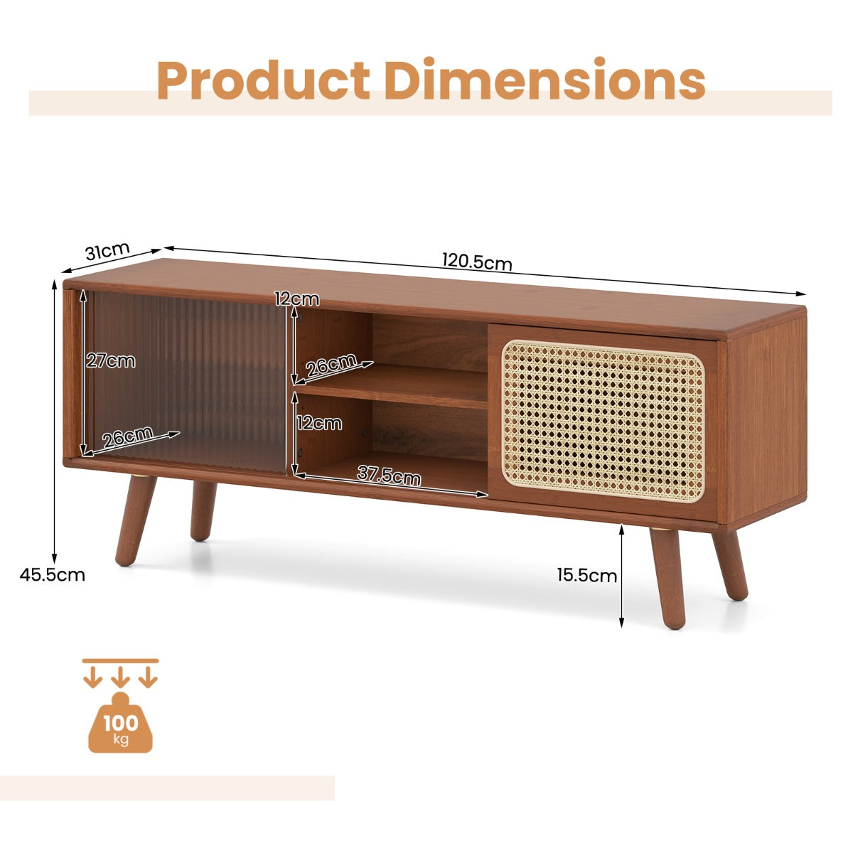 LIVSK TV-standaard voor 55 inch tv - Mid-century stijl - Bamboe met geribbeld glas - Veel opbergruimte - 120,5 x 31 x 45,5 cm -