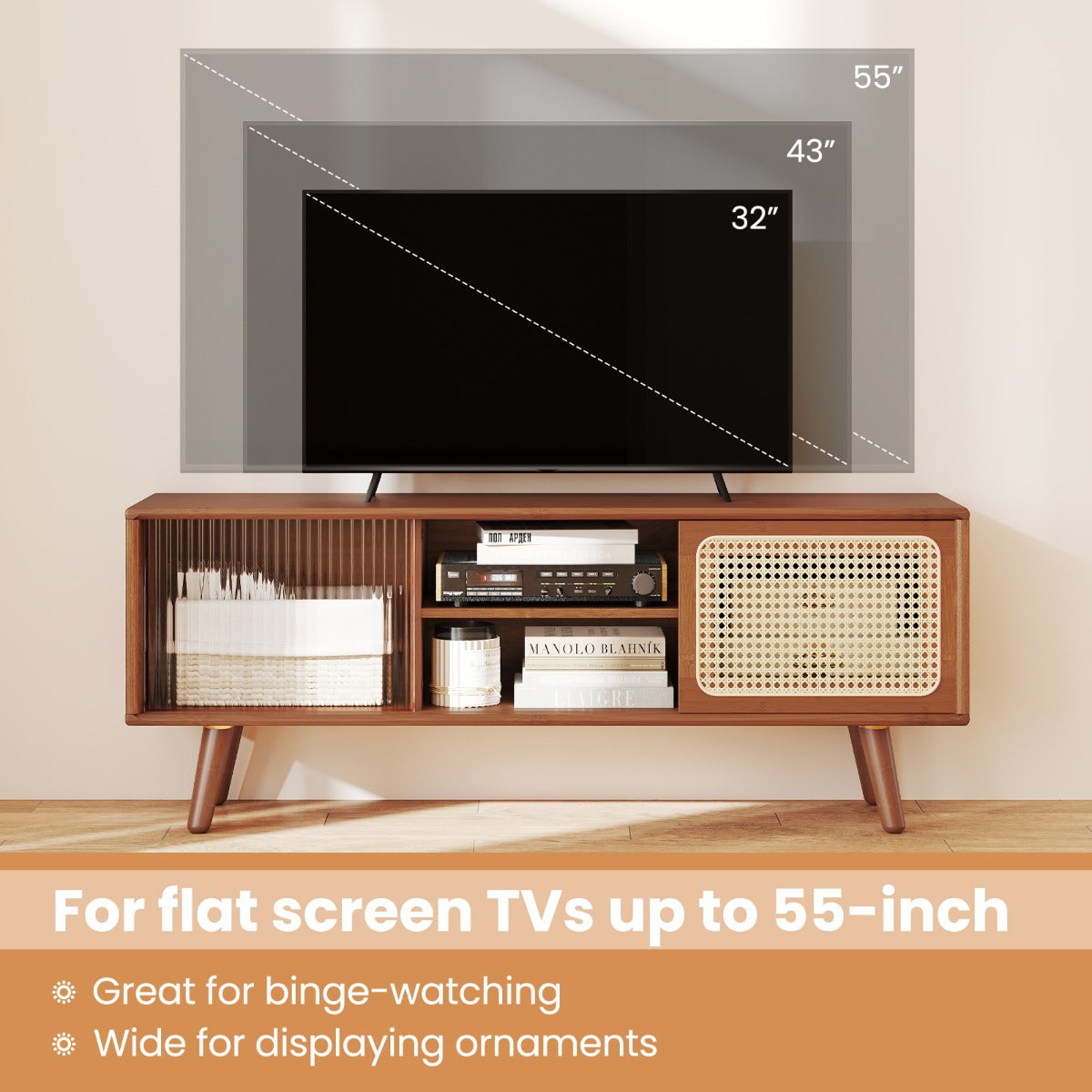 LIVSK TV-standaard voor 55 inch tv - Mid-century stijl - Bamboe met geribbeld glas - Veel opbergruimte - 120,5 x 31 x 45,5 cm -