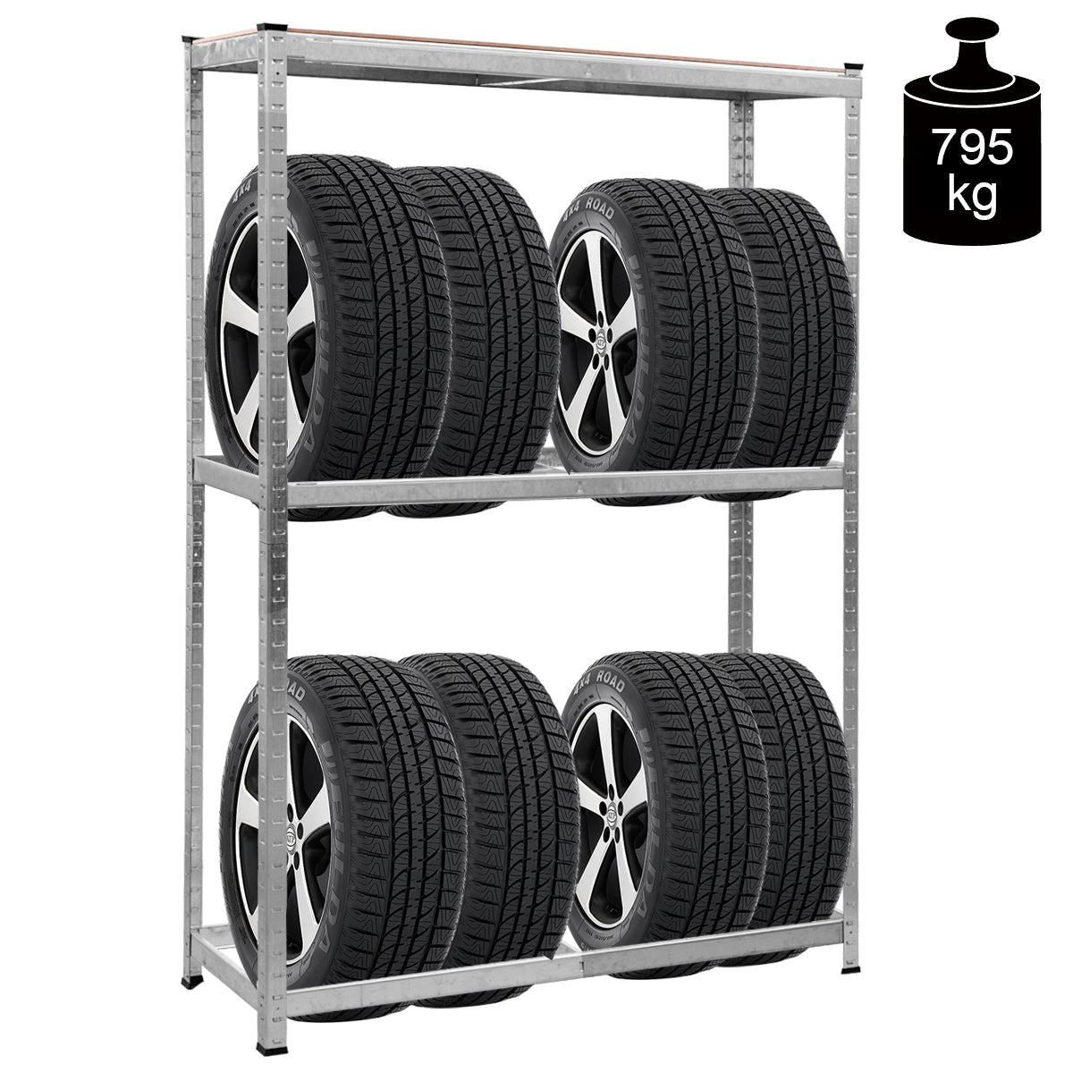 LIVSK Bandenrek - Robuuste Staalconstructie - Verstelbare Planken - Tot 795 kg - Voor 8 Banden - 120 x 40 x 180 cm - Zilver