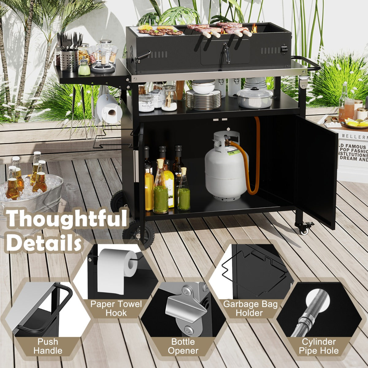 Livsk costway barbecuepaviljoen met barbecuewagen barbecueoverkappingen weerbestendig barbecuetafel outdoor 4