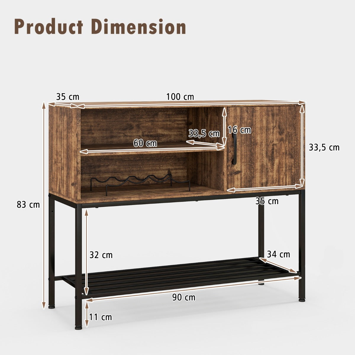 LIVSK Industriële Buffetdressoir met Wijnrek - Stevig Metalen Frame - Veelzijdig Ontwerp - Eenvoudige Montage - Rustiek bruin +