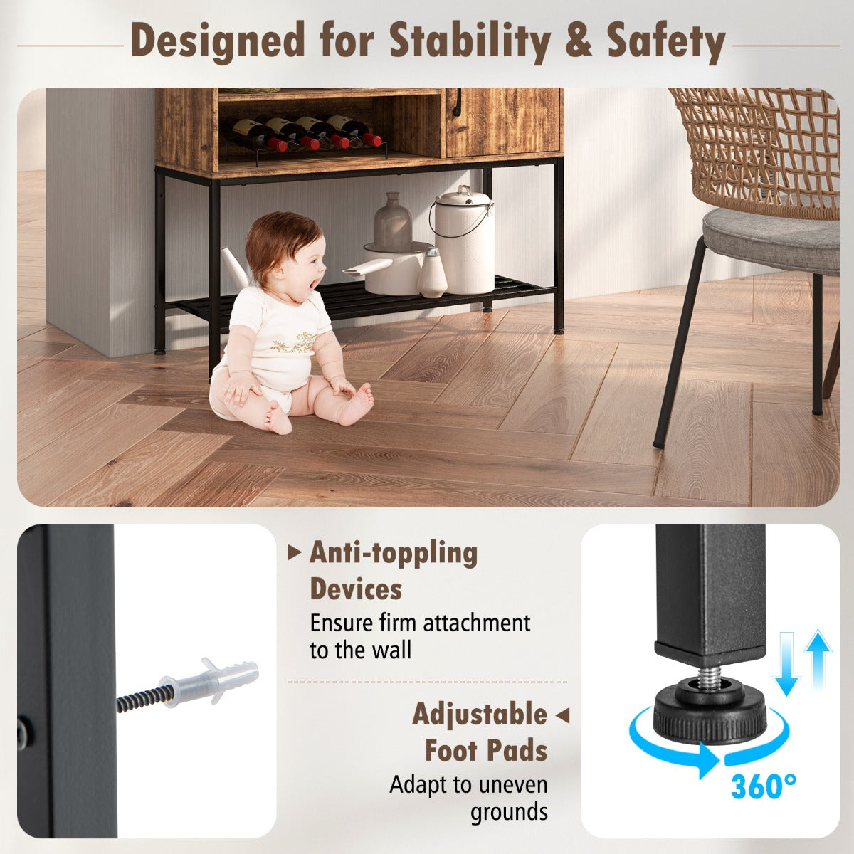 LIVSK Industriële Buffetdressoir met Wijnrek - Stevig Metalen Frame - Veelzijdig Ontwerp - Eenvoudige Montage - Rustiek bruin +