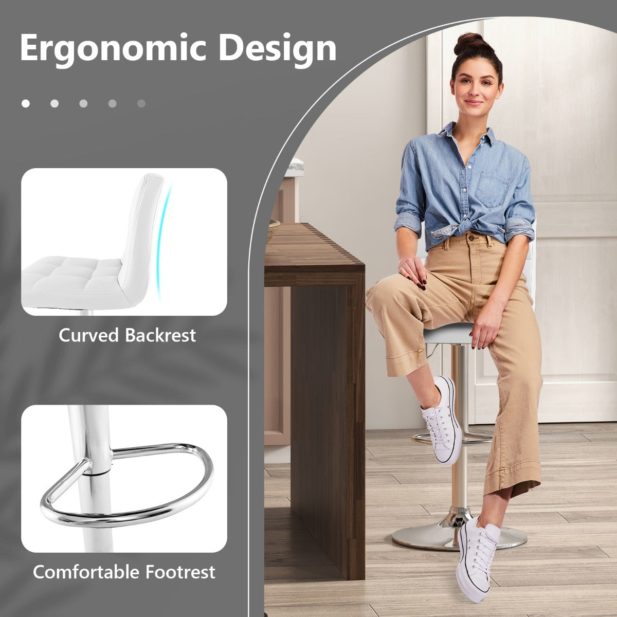 LIVSK Verstelbare Barstoelen - 360° Draaibaar - Schuine Rugleuning - Voetsteun - Tot 150 kg - Wit