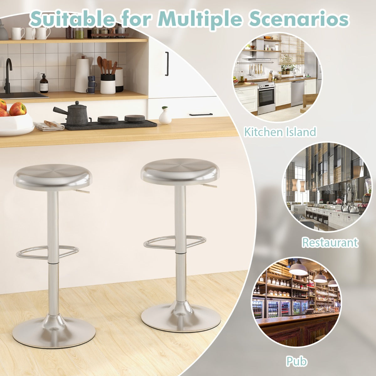 LIVSK Verstelbare Barkruk van Roestvrij Staal - Draaibaar en Ergonomisch - Tot 150 kg - Antislip Basis - 61-83 cm - Zilver