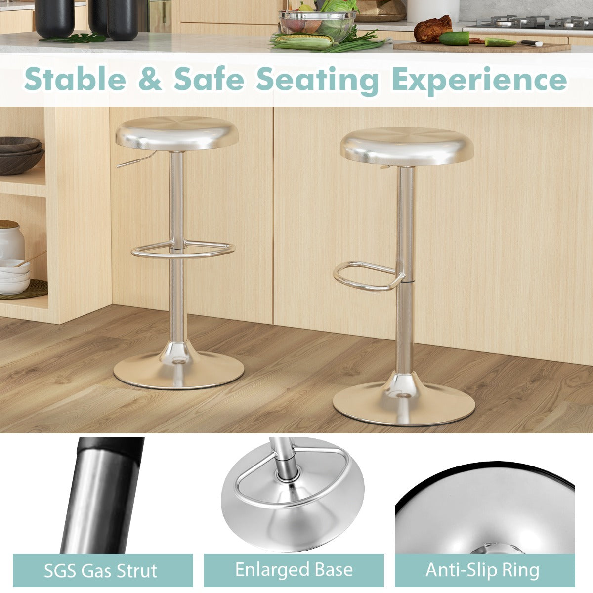 LIVSK Verstelbare Barkruk van Roestvrij Staal - Draaibaar en Ergonomisch - Tot 150 kg - Antislip Basis - 61-83 cm - Zilver