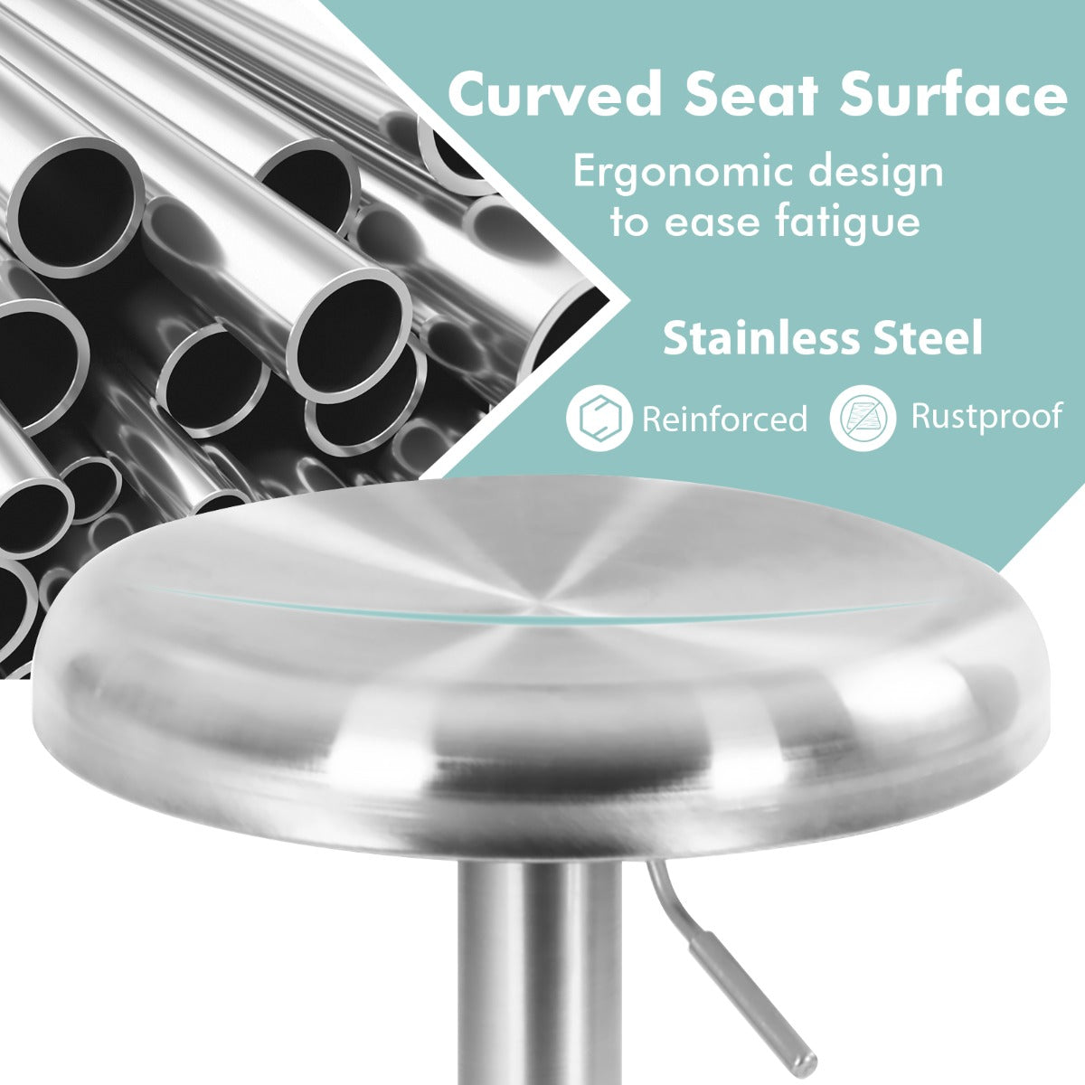 LIVSK Verstelbare Barkruk van Roestvrij Staal - Draaibaar en Ergonomisch - Tot 150 kg - Antislip Basis - 61-83 cm - Zilver