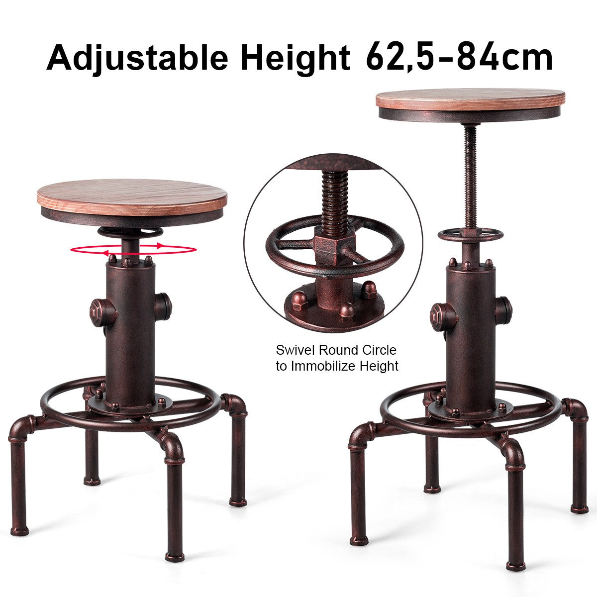 LIVSK Verstelbare Barkruk met Voetsteun - Retro Industriële Stijl - Massief IJzeren Frame - Draagvermogen tot 150 kg - Zoals