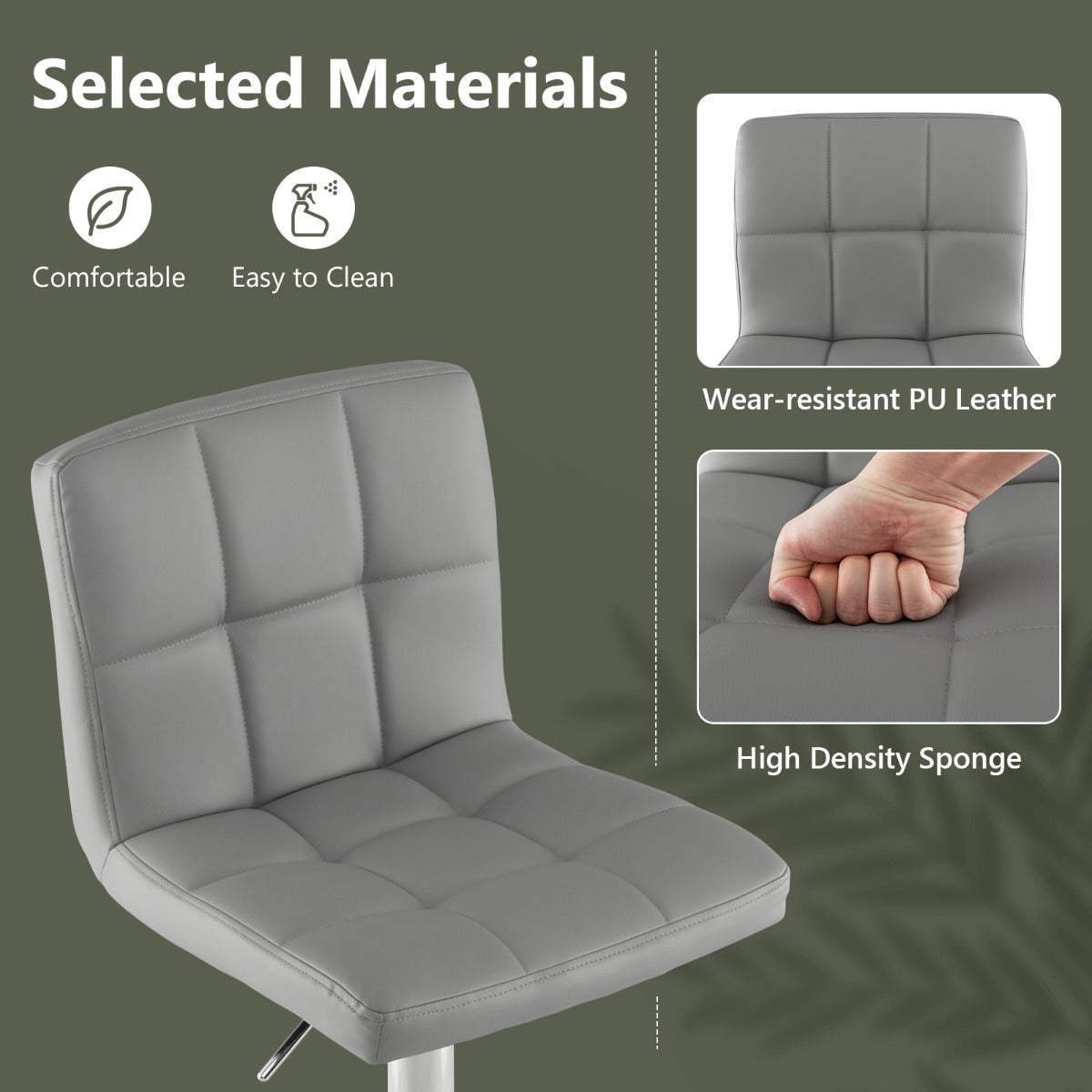 LIVSK Barkrukset met Verstelbare Zithoogte - 360° Draaibaar - Schuine Rugleuning - PU Leer - Tot 150 kg - Grijs