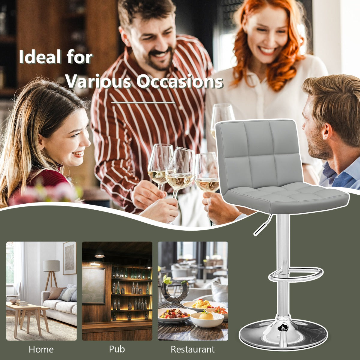 LIVSK Barkrukset met Verstelbare Zithoogte - 360° Draaibaar - Schuine Rugleuning - PU Leer - Tot 150 kg - Grijs