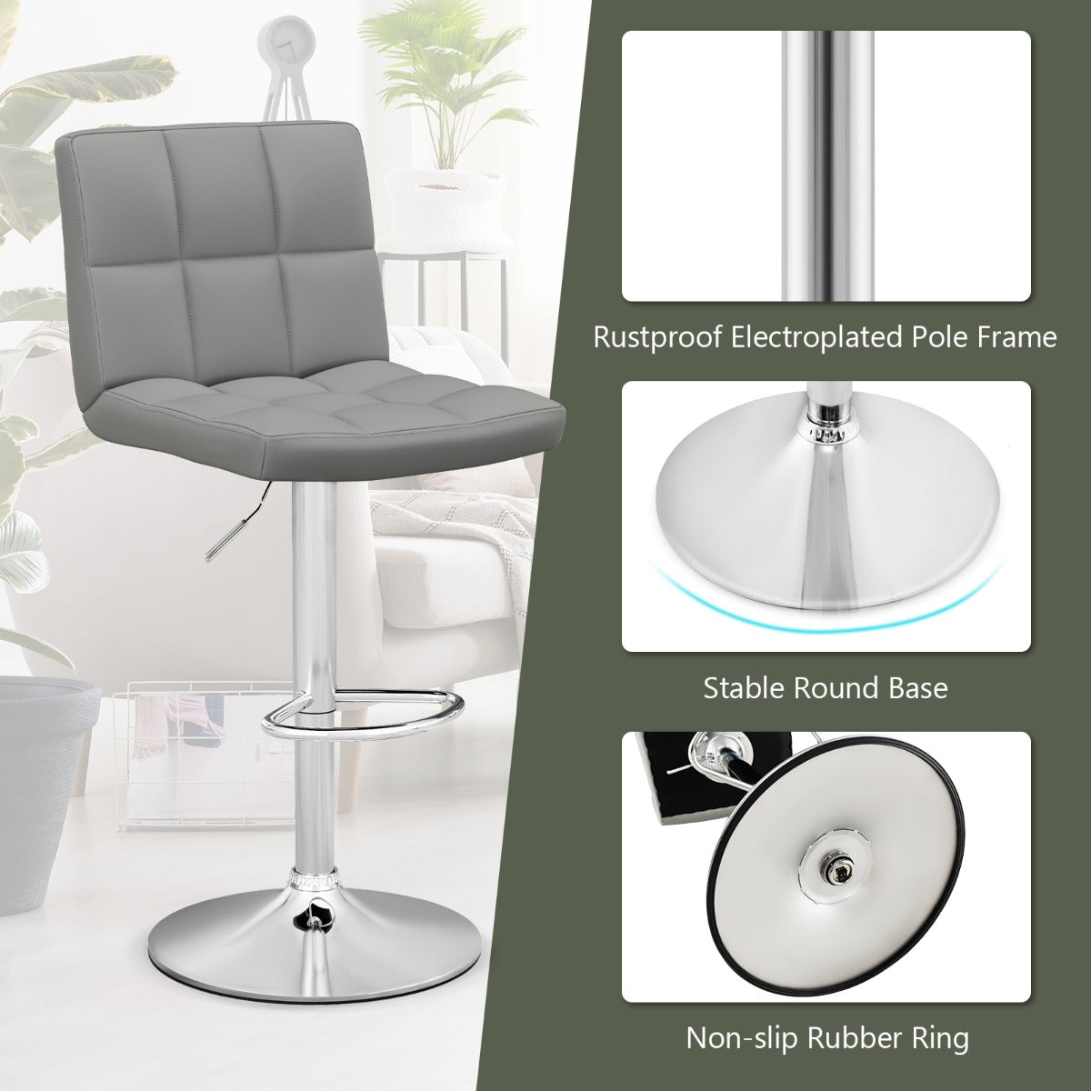 LIVSK Barkrukset met Verstelbare Zithoogte - 360° Draaibaar - Schuine Rugleuning - PU Leer - Tot 150 kg - Grijs