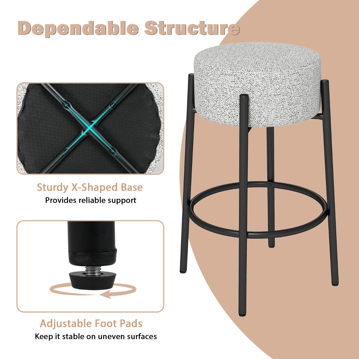 LIVSK Moderne Barkruk zonder Rugleuning - Hoogwaardig Linnen - Stevig Metalen Onderstel - Tot 150 kg - 48 x 48 x 68 cm - Grijs +