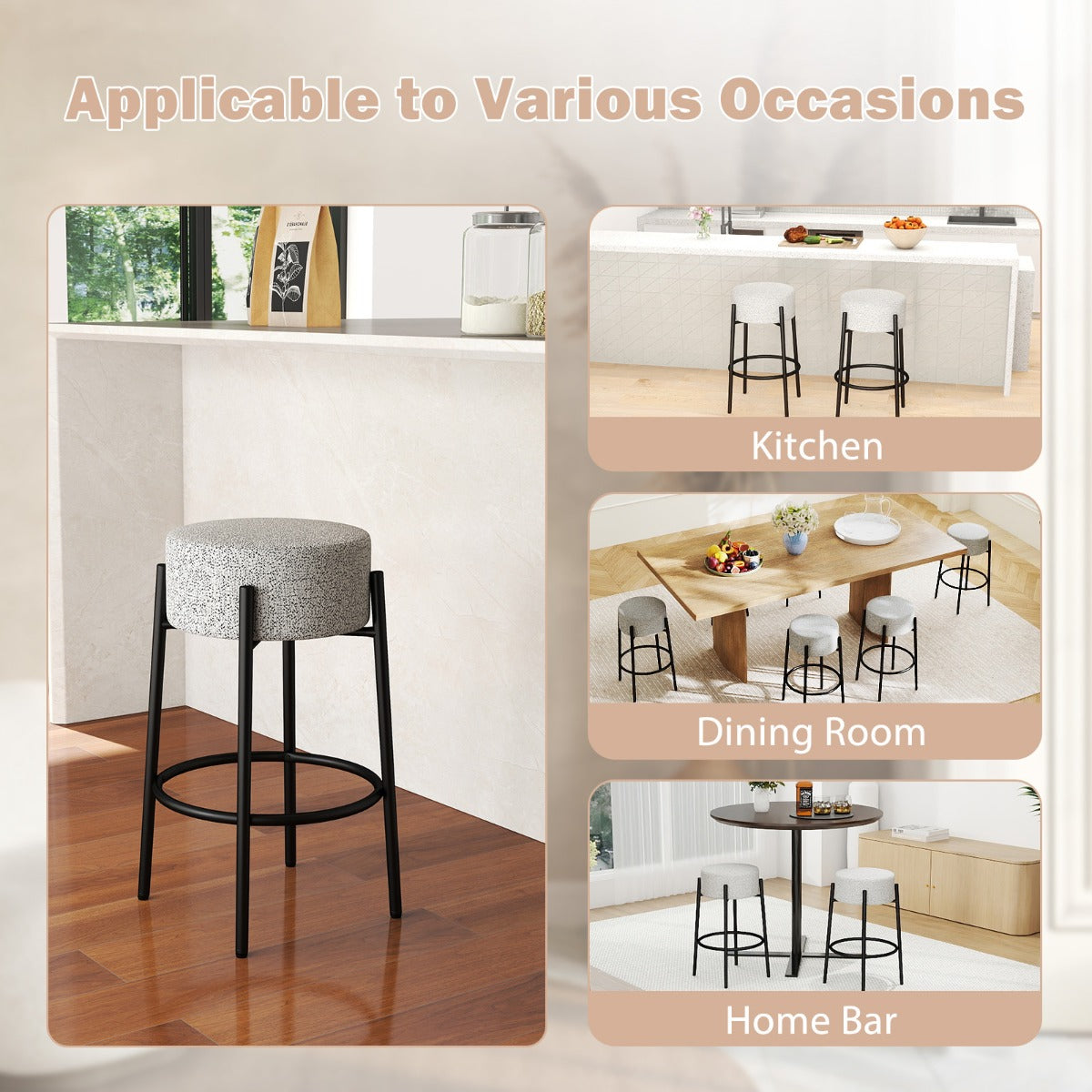 LIVSK Moderne Barkruk zonder Rugleuning - Hoogwaardig Linnen - Stevig Metalen Onderstel - Tot 150 kg - 48 x 48 x 68 cm - Grijs +