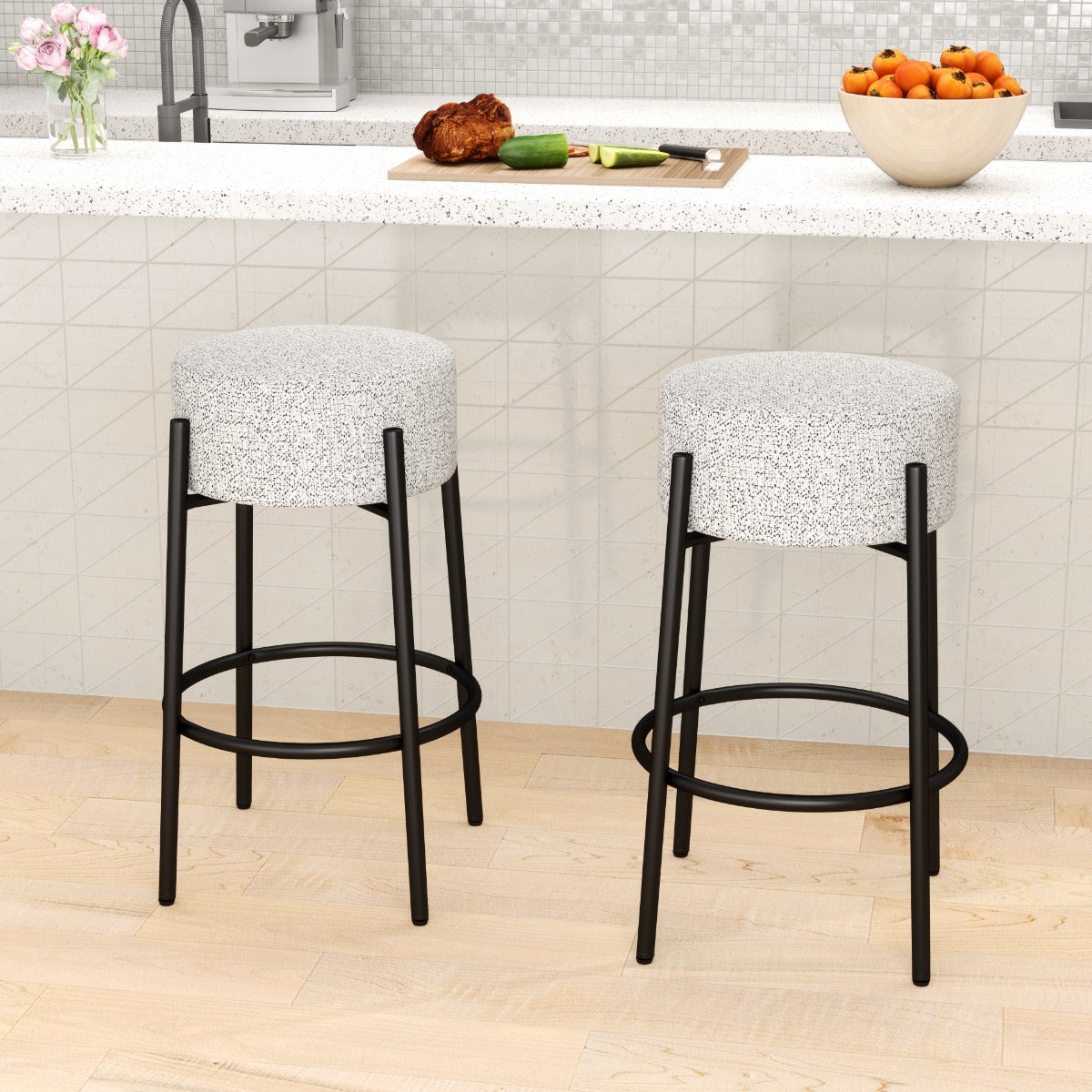 LIVSK Moderne Barkruk zonder Rugleuning - Hoogwaardig Linnen - Stevig Metalen Onderstel - Tot 150 kg - 48 x 48 x 68 cm - Grijs +