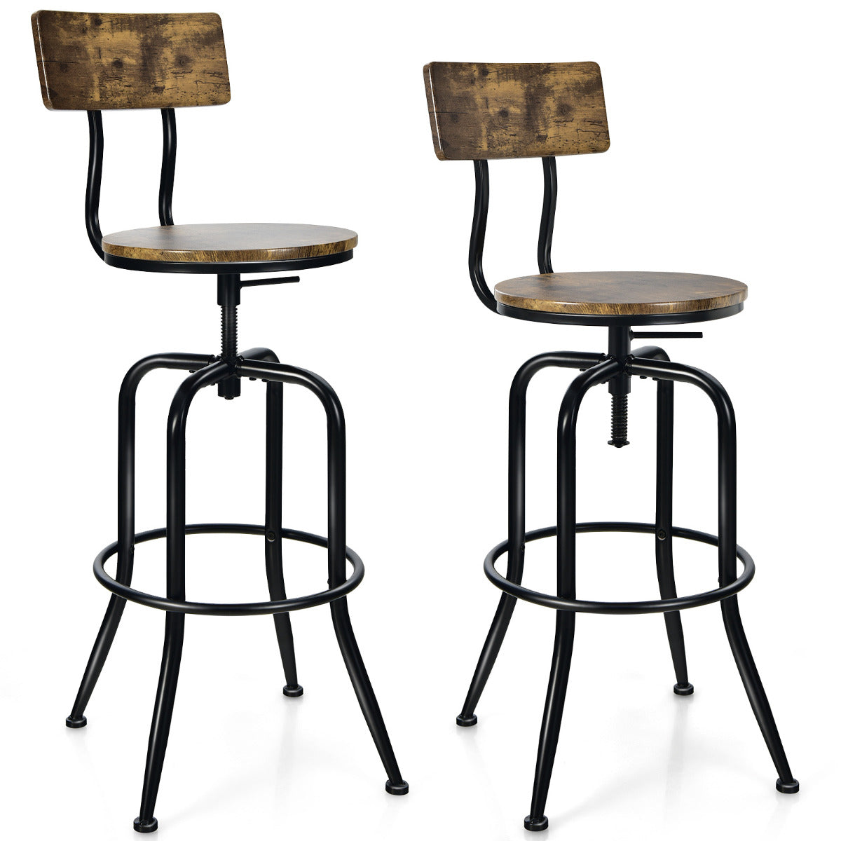 LIVSK Verstelbare Barkrukken Set van 2 - Draaibaar - Afneembare Rugleuning - Ergonomisch - Tot 150 kg - Rustiek bruin - Zwart