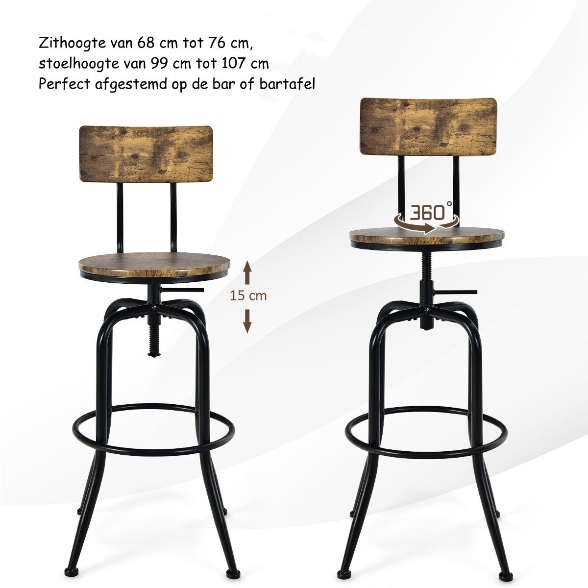 LIVSK Verstelbare Barkrukken Set van 2 - Draaibaar - Afneembare Rugleuning - Ergonomisch - Tot 150 kg - Rustiek bruin - Zwart