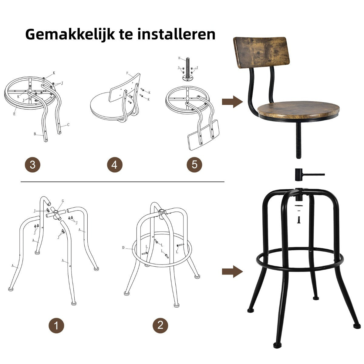 LIVSK Verstelbare Barkrukken Set van 2 - Draaibaar - Afneembare Rugleuning - Ergonomisch - Tot 150 kg - Rustiek bruin - Zwart