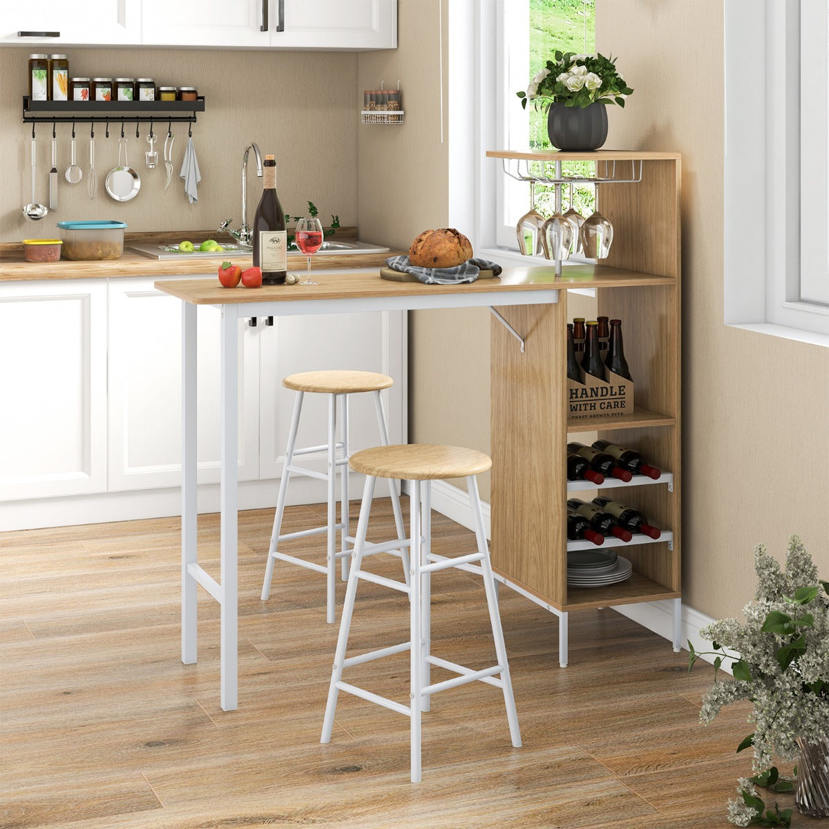 LIVSK Bartafel en Krukenset - Opbergruimte voor Wijn - Comfortabele Barkrukken - Duurzaam en Robuust - 120 x 40 x 121,5 cm -