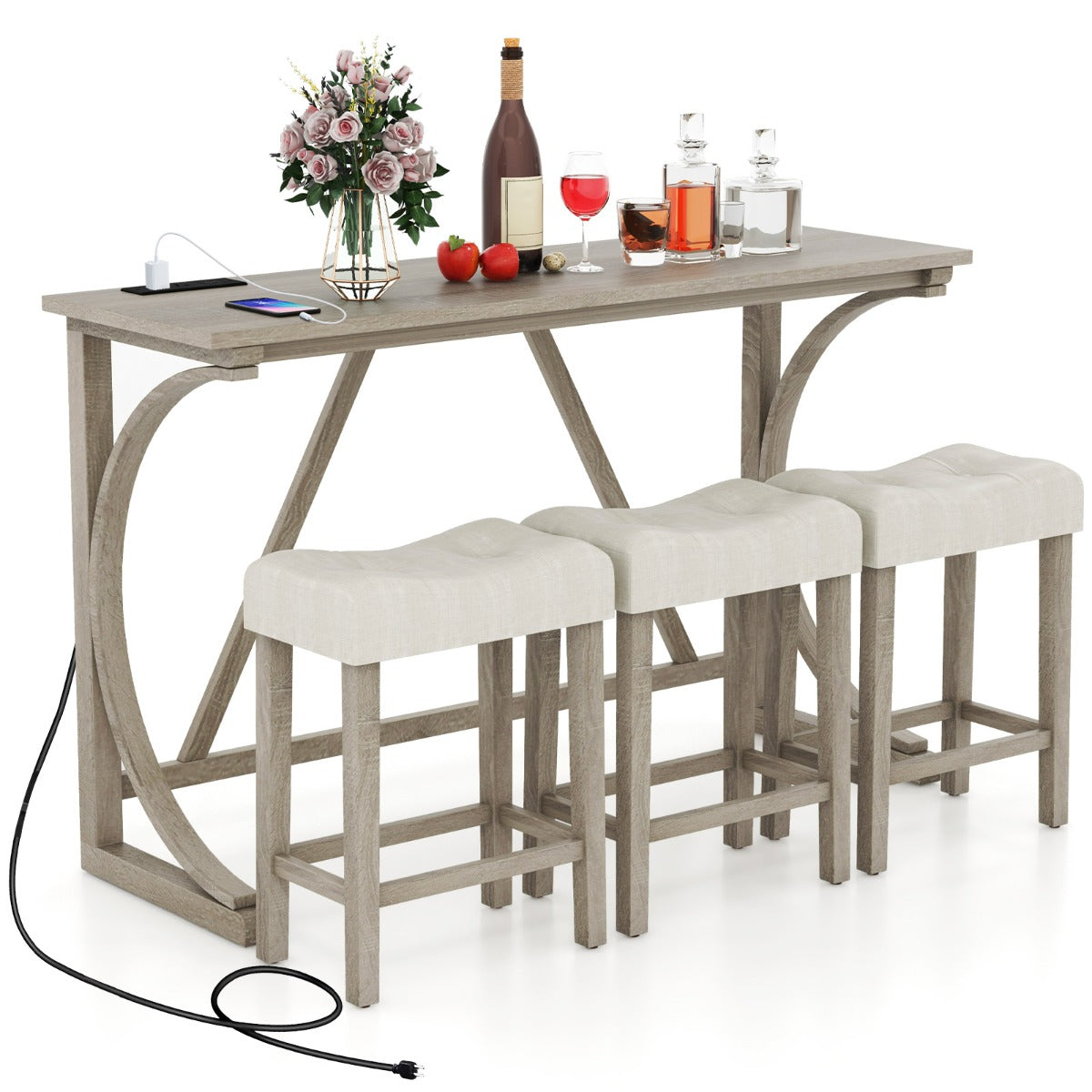 LIVSK Bartafelset met Stopcontacten - Ergonomische Zadelzittingen - Massief Hout - Ruimtebesparend - Grijs + Beige