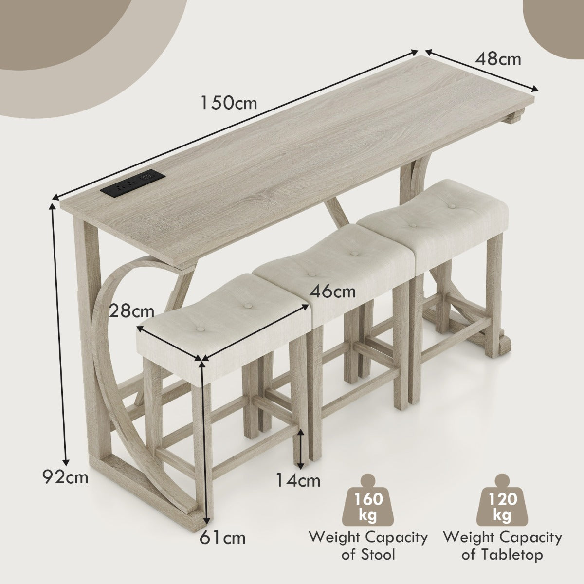 LIVSK Bartafelset met Stopcontacten - Ergonomische Zadelzittingen - Massief Hout - Ruimtebesparend - Grijs + Beige