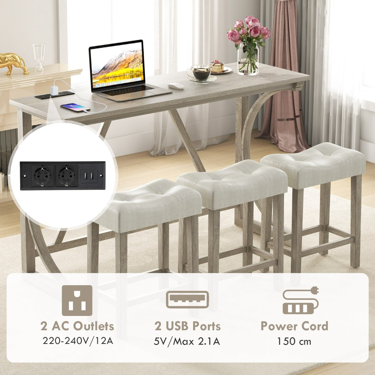 LIVSK Bartafelset met Stopcontacten - Ergonomische Zadelzittingen - Massief Hout - Ruimtebesparend - Grijs + Beige