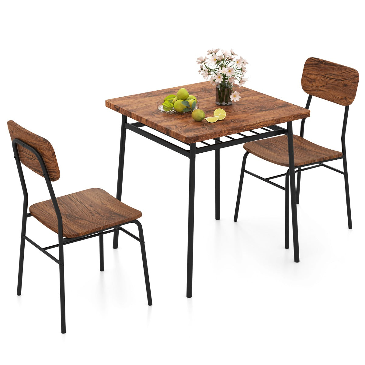 LIVSK Eettafelset voor 2 Personen - Ruimtebesparend met Opbergrek - Robuust Metaal en Imitatiehout - Retro Elegant - Koffie