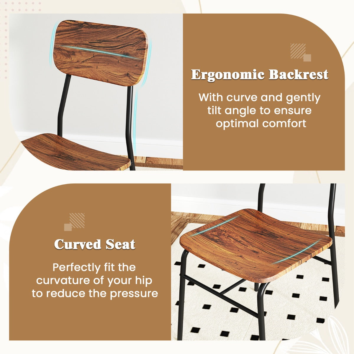LIVSK Eettafelset voor 2 Personen - Ruimtebesparend met Opbergrek - Robuust Metaal en Imitatiehout - Retro Elegant - Koffie