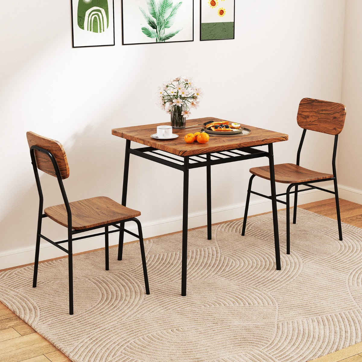 LIVSK Eettafelset voor 2 Personen - Ruimtebesparend met Opbergrek - Robuust Metaal en Imitatiehout - Retro Elegant - Koffie
