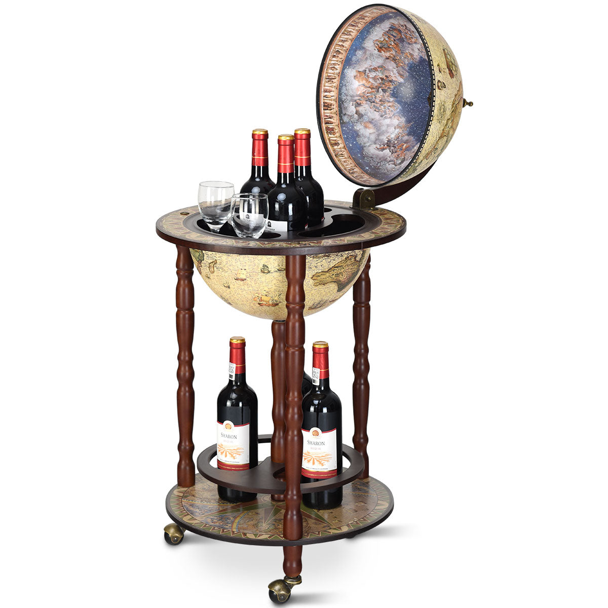 LIVSK Italiaanse Wijnbar - Massief Eucalyptushout met Antieke Afwerking - Verplaatsbaar met Wielen - 45 x 45 x 88 cm - Bruin