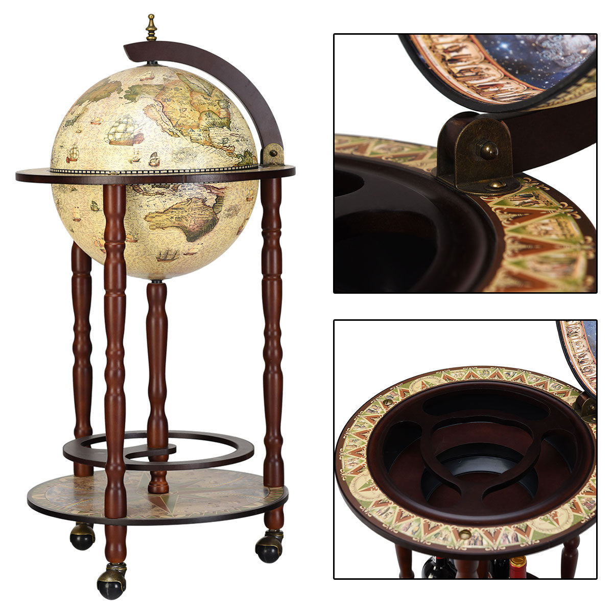 LIVSK Italiaanse Wijnbar - Massief Eucalyptushout met Antieke Afwerking - Verplaatsbaar met Wielen - 45 x 45 x 88 cm - Bruin