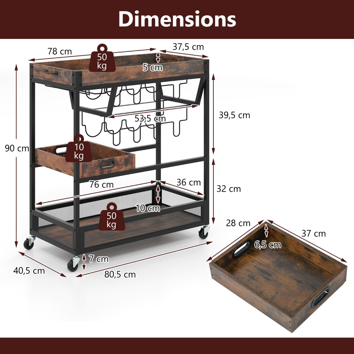 LIVSK Vergrendelbare Serveertrolley - Afneembaar Dienblad - Glashouders - Duurzaam Metaal - Industrieel Design - Rustiek bruin +