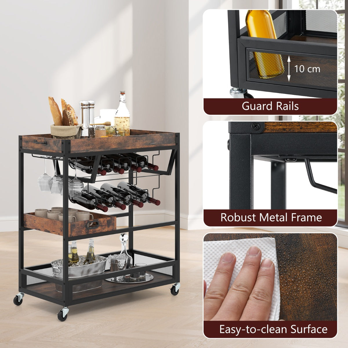 LIVSK Vergrendelbare Serveertrolley - Afneembaar Dienblad - Glashouders - Duurzaam Metaal - Industrieel Design - Rustiek bruin +