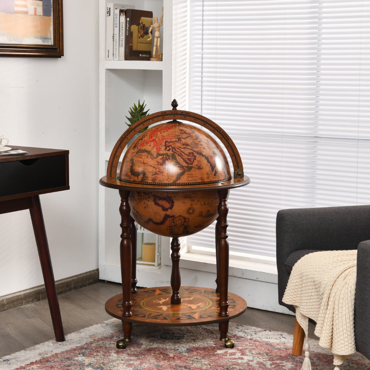 LIVSK Wereldbol Wijnkast Standaard - Vintage Design - Ruimte voor 5 Wijnflessen - Duurzaam MDF - Gemakkelijk Verplaatsbaar -