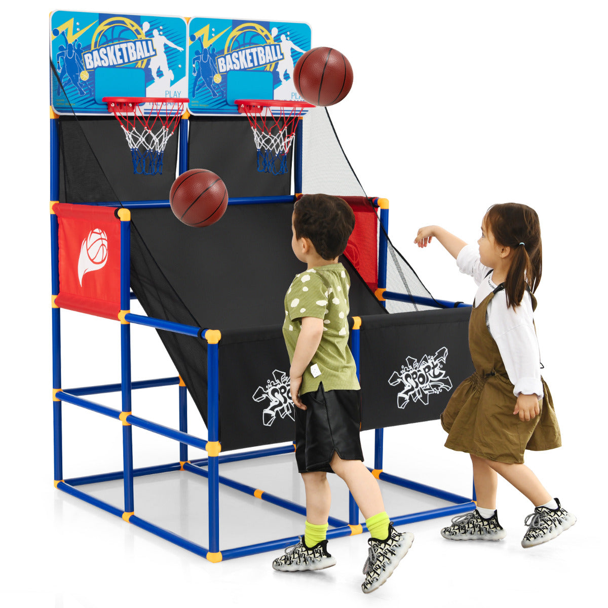 LIVSK Basketbal Arcade voor Kinderen - Dubbele Basket - Inclusief 4 Ballen en Pomp - Stabiel en Duurzaam - 90 x 90 x 140 cm -