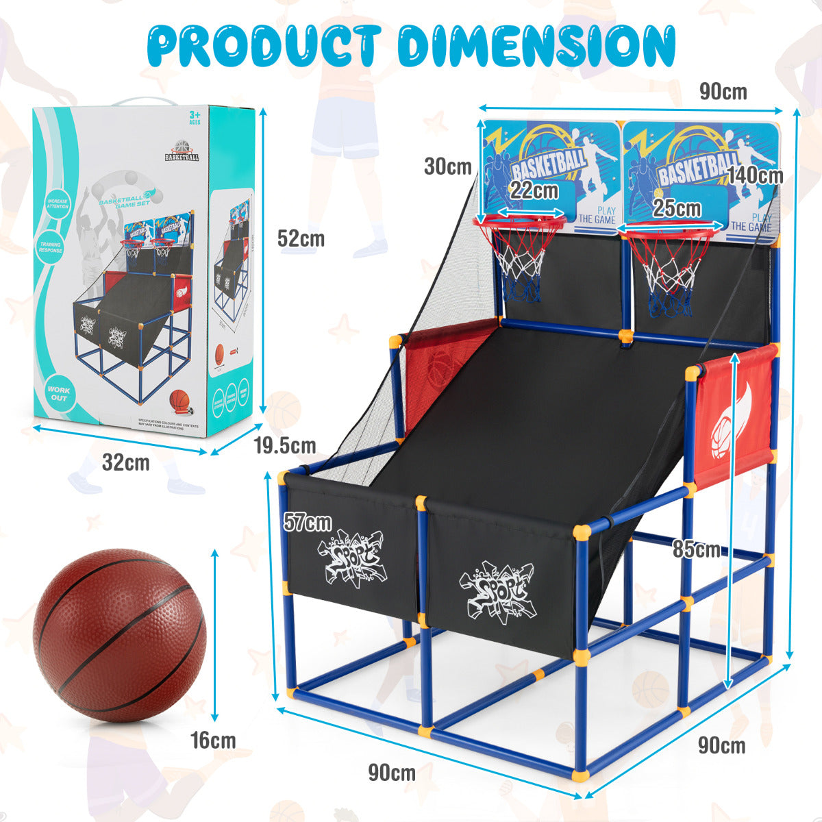 LIVSK Basketbal Arcade voor Kinderen - Dubbele Basket - Inclusief 4 Ballen en Pomp - Stabiel en Duurzaam - 90 x 90 x 140 cm -